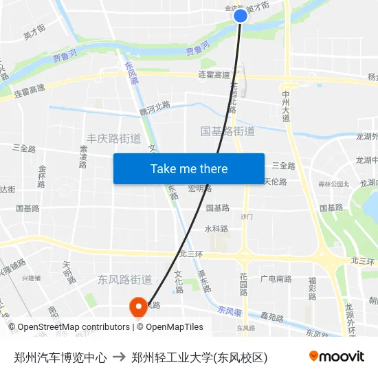郑州汽车博览中心 to 郑州轻工业大学(东风校区) map