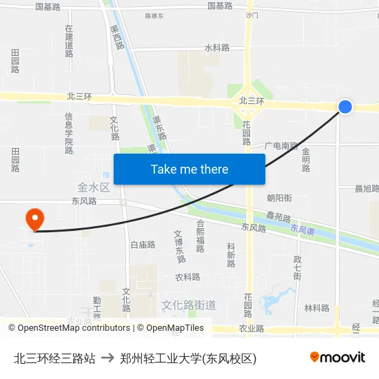 北三环经三路站 to 郑州轻工业大学(东风校区) map