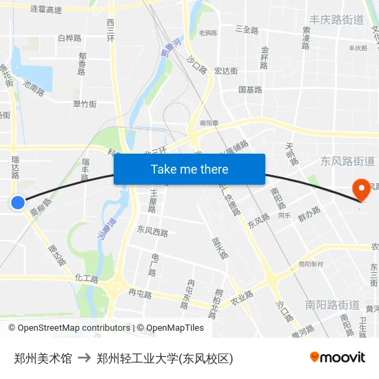 郑州美术馆 to 郑州轻工业大学(东风校区) map