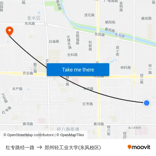红专路经一路 to 郑州轻工业大学(东风校区) map