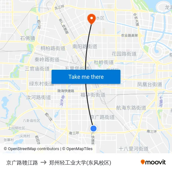 京广路赣江路 to 郑州轻工业大学(东风校区) map