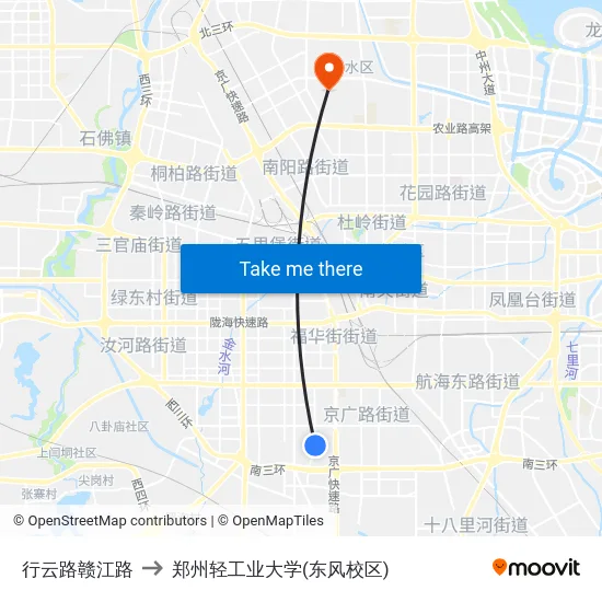 行云路赣江路 to 郑州轻工业大学(东风校区) map