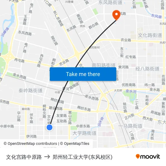 文化宫路中原路 to 郑州轻工业大学(东风校区) map