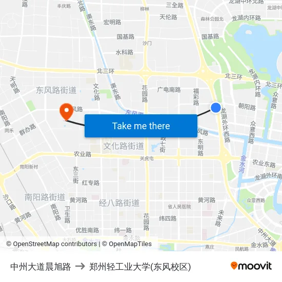 中州大道晨旭路 to 郑州轻工业大学(东风校区) map