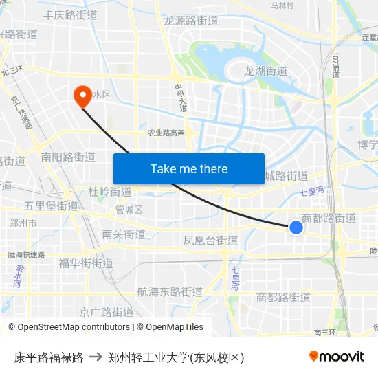康平路福禄路 to 郑州轻工业大学(东风校区) map