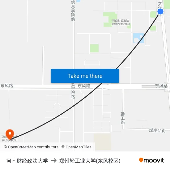 河南财经政法大学 to 郑州轻工业大学(东风校区) map