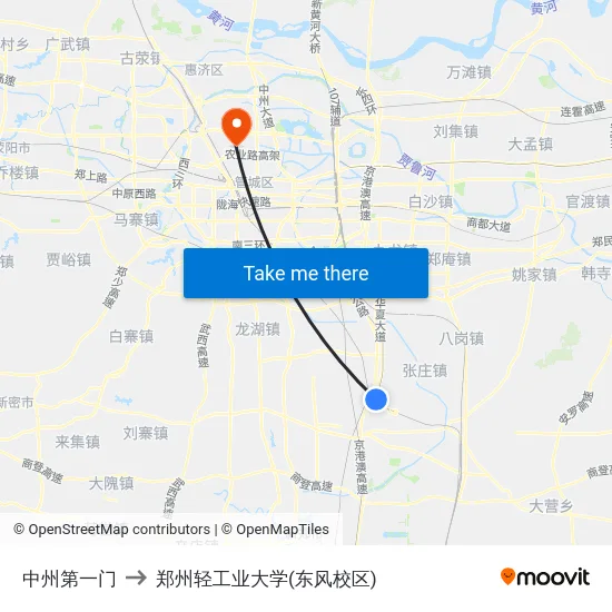 中州第一门 to 郑州轻工业大学(东风校区) map