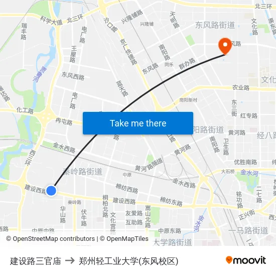 建设路三官庙 to 郑州轻工业大学(东风校区) map