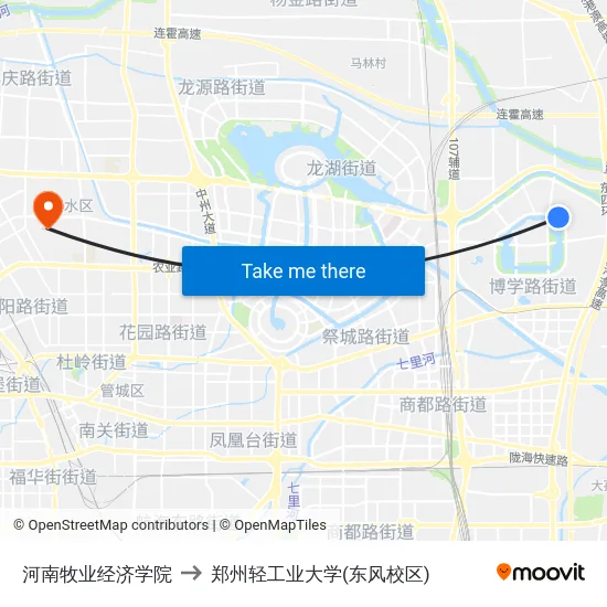 河南牧业经济学院 to 郑州轻工业大学(东风校区) map