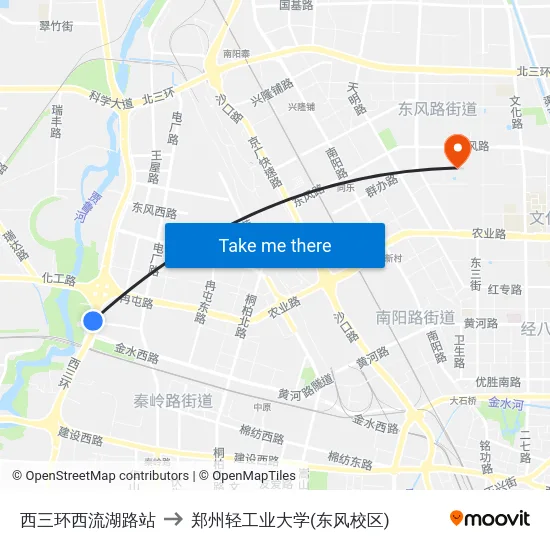 西三环西流湖路站 to 郑州轻工业大学(东风校区) map