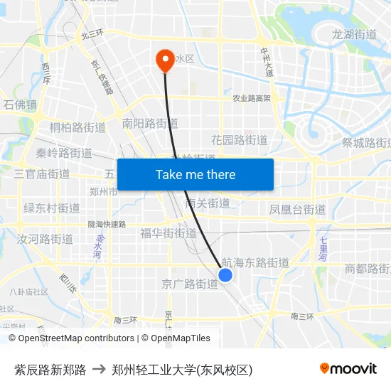 紫辰路新郑路 to 郑州轻工业大学(东风校区) map