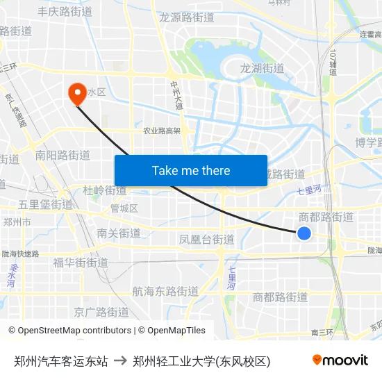 郑州汽车客运东站 to 郑州轻工业大学(东风校区) map