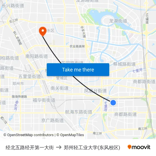 经北五路经开第一大街 to 郑州轻工业大学(东风校区) map