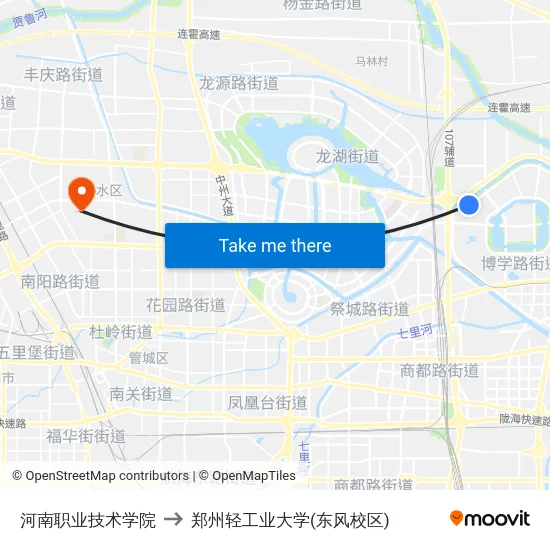 河南职业技术学院 to 郑州轻工业大学(东风校区) map