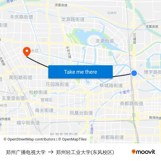 郑州广播电视大学 to 郑州轻工业大学(东风校区) map