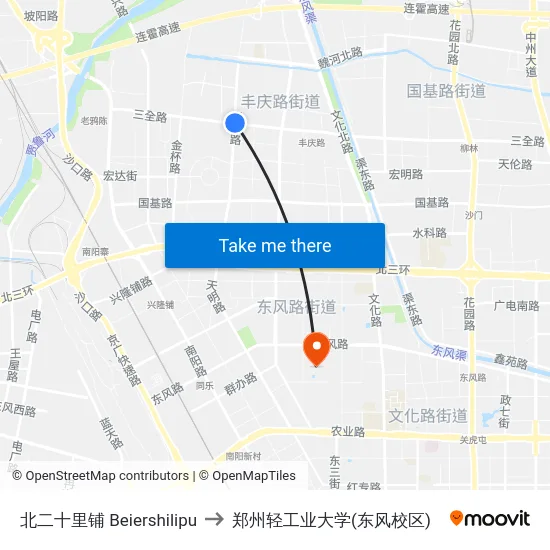北二十里铺 Beiershilipu to 郑州轻工业大学(东风校区) map