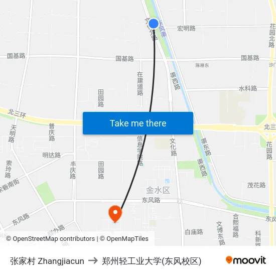 张家村 Zhangjiacun to 郑州轻工业大学(东风校区) map
