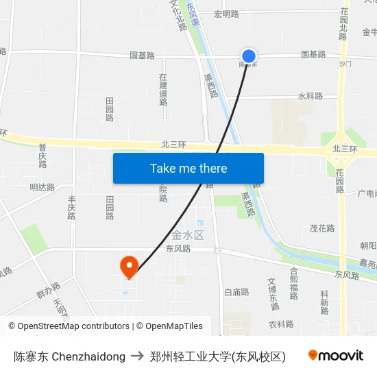 陈寨东 Chenzhaidong to 郑州轻工业大学(东风校区) map