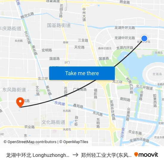 龙湖中环北 Longhuzhonghuanbei to 郑州轻工业大学(东风校区) map