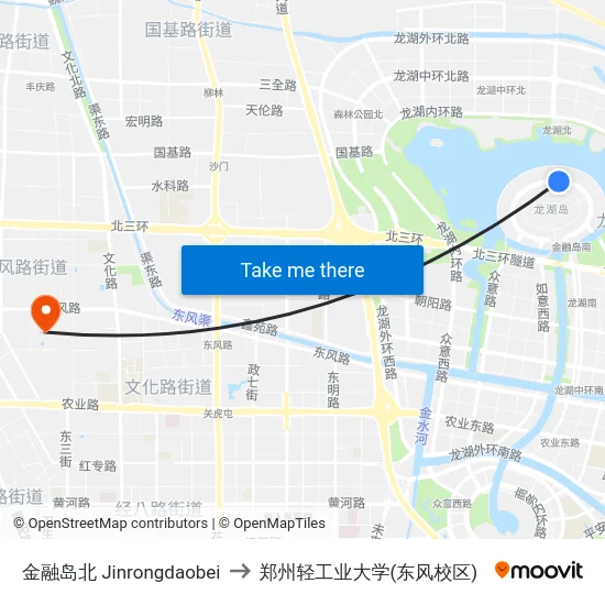 金融岛北 Jinrongdaobei to 郑州轻工业大学(东风校区) map