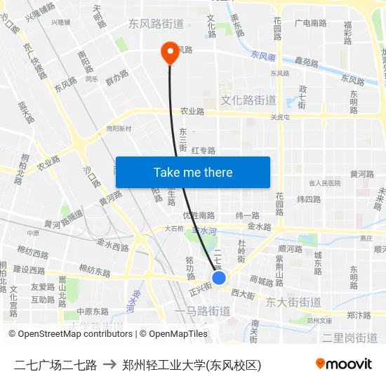 二七广场二七路 to 郑州轻工业大学(东风校区) map