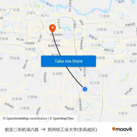 航安二街机场六路 to 郑州轻工业大学(东风校区) map