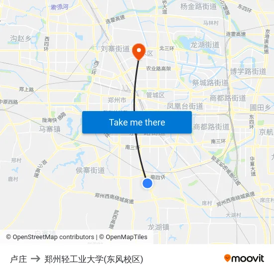 卢庄 to 郑州轻工业大学(东风校区) map