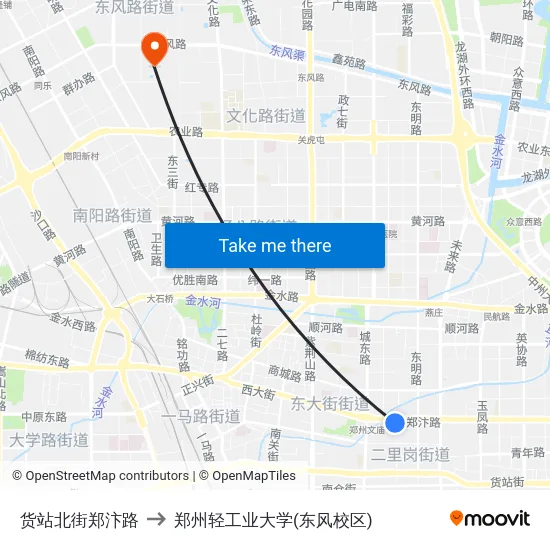货站北街郑汴路 to 郑州轻工业大学(东风校区) map