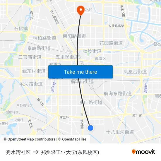 秀水湾社区 to 郑州轻工业大学(东风校区) map