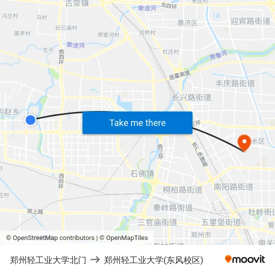 郑州轻工业大学北门 to 郑州轻工业大学(东风校区) map