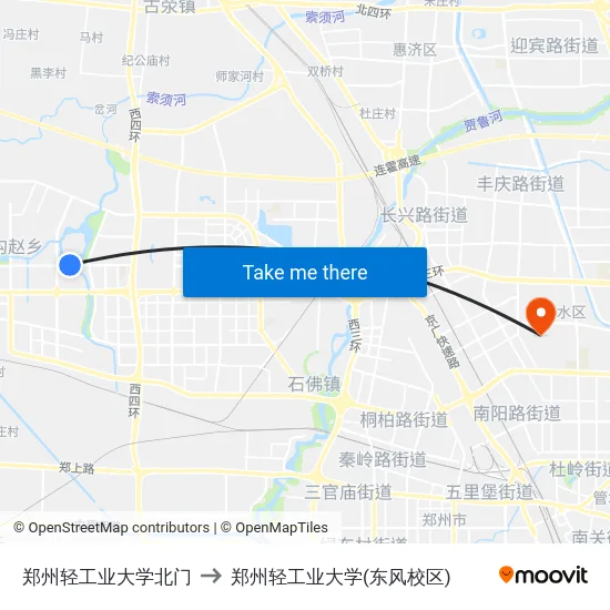 郑州轻工业大学北门 to 郑州轻工业大学(东风校区) map