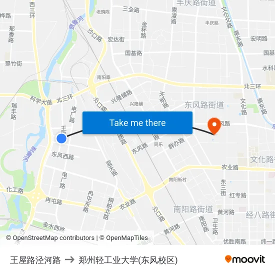 王屋路泾河路 to 郑州轻工业大学(东风校区) map