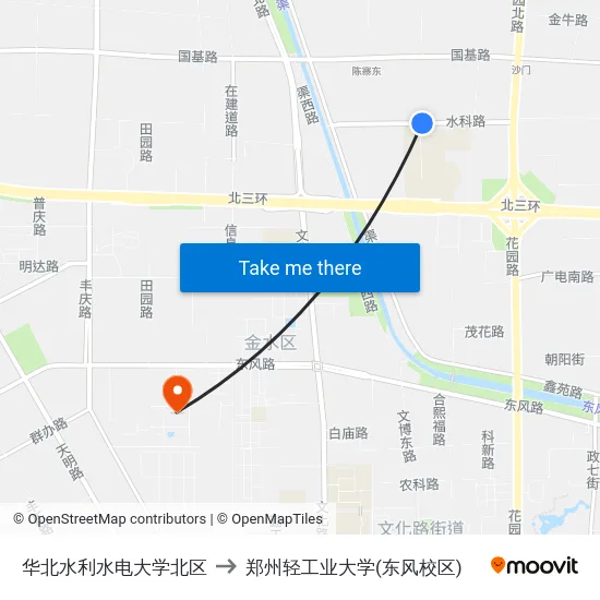 华北水利水电大学北区 to 郑州轻工业大学(东风校区) map