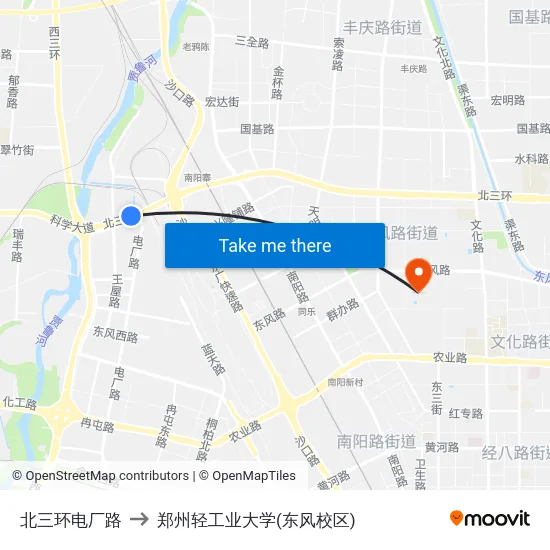 北三环电厂路 to 郑州轻工业大学(东风校区) map