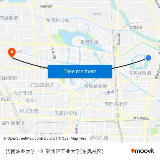 河南农业大学 to 郑州轻工业大学(东风校区) map