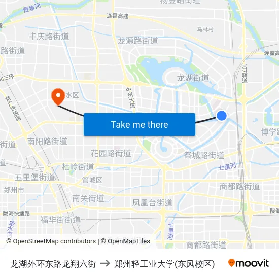龙湖外环东路龙翔六街 to 郑州轻工业大学(东风校区) map