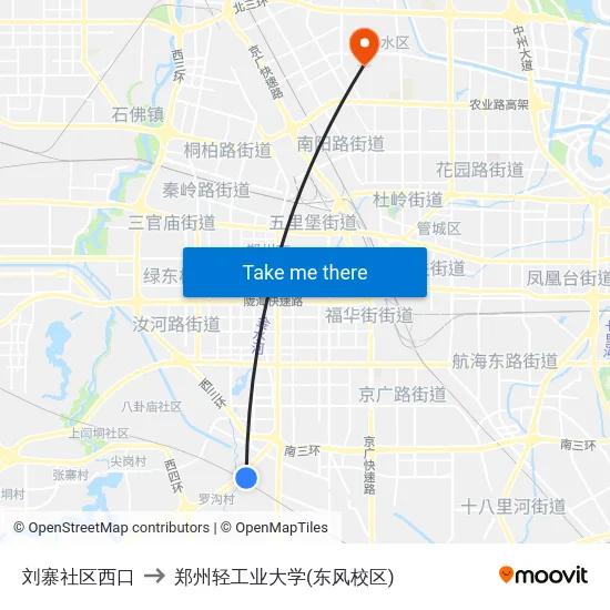 刘寨社区西口 to 郑州轻工业大学(东风校区) map