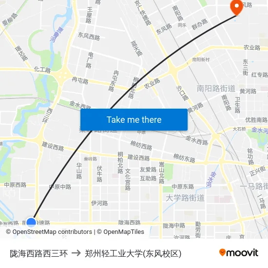 陇海西路西三环 to 郑州轻工业大学(东风校区) map