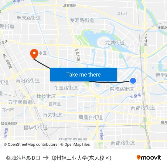 祭城站地铁D口 to 郑州轻工业大学(东风校区) map