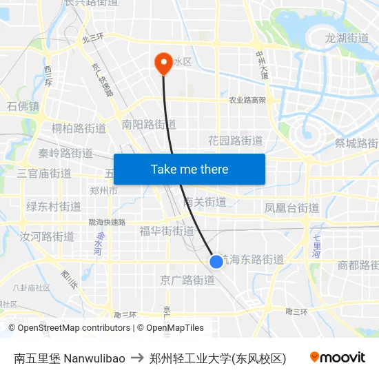 南五里堡 Nanwulibao to 郑州轻工业大学(东风校区) map