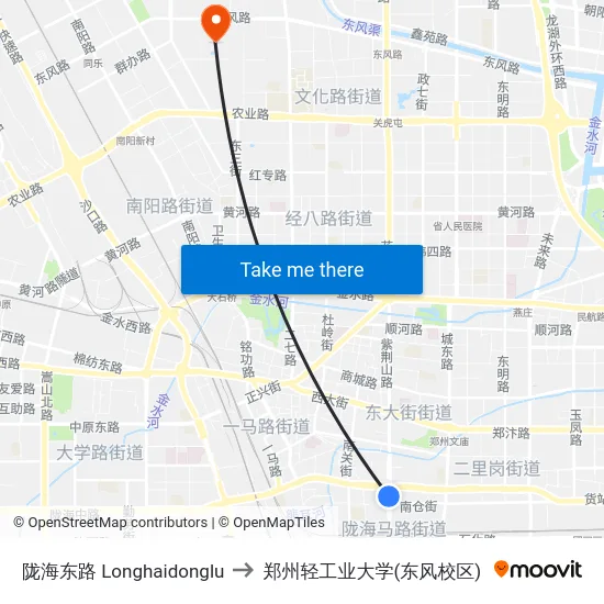 陇海东路 Longhaidonglu to 郑州轻工业大学(东风校区) map