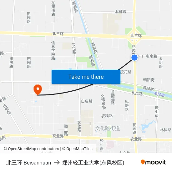 北三环 Beisanhuan to 郑州轻工业大学(东风校区) map