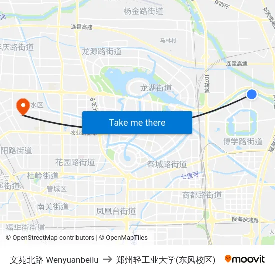 文苑北路 Wenyuanbeilu to 郑州轻工业大学(东风校区) map
