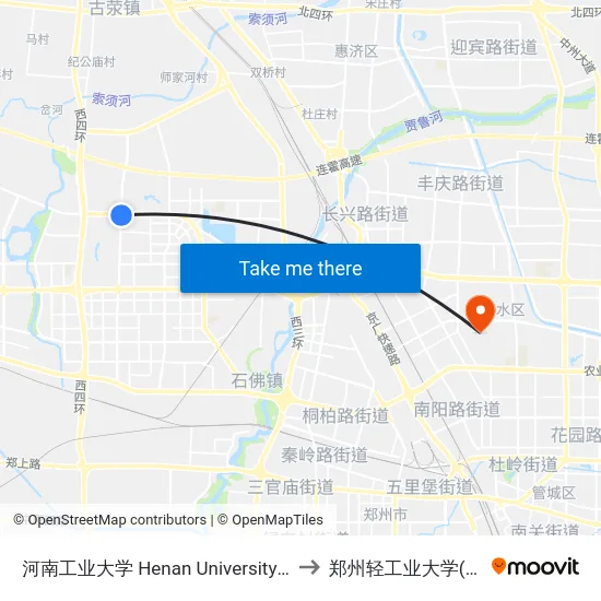 河南工业大学 Henan University Of Technology to 郑州轻工业大学(东风校区) map