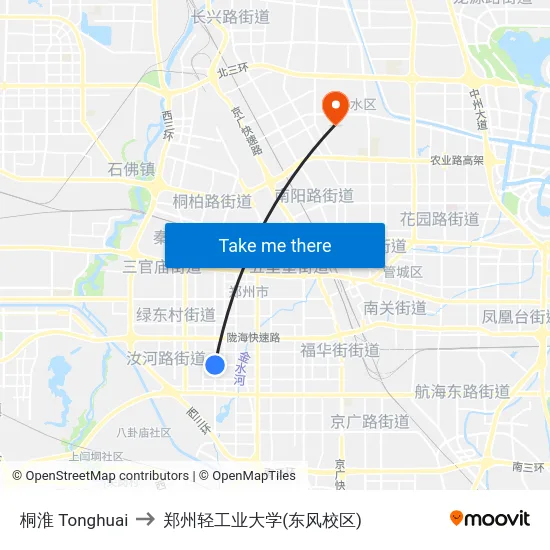 桐淮 Tonghuai to 郑州轻工业大学(东风校区) map