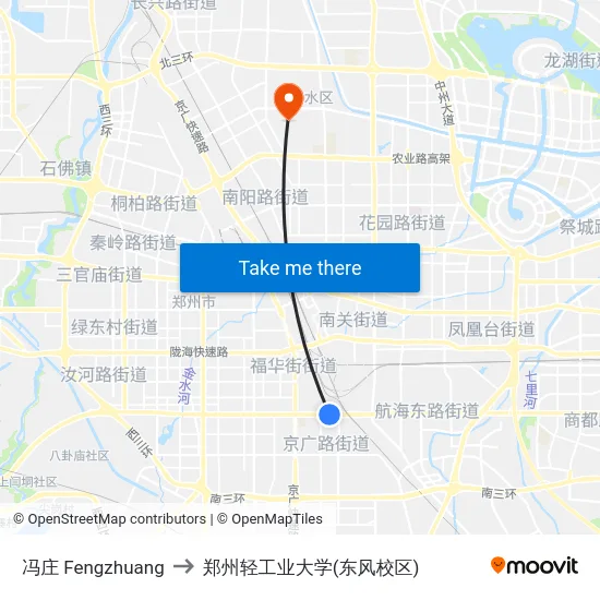 冯庄 Fengzhuang to 郑州轻工业大学(东风校区) map