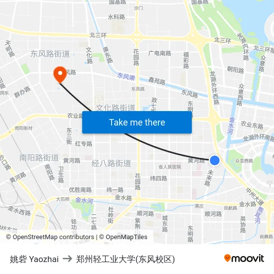 姚砦 Yaozhai to 郑州轻工业大学(东风校区) map