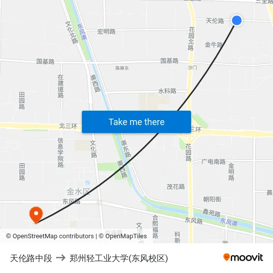 天伦路中段 to 郑州轻工业大学(东风校区) map