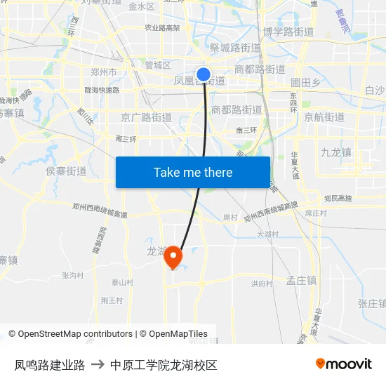 凤鸣路建业路 to 中原工学院龙湖校区 map