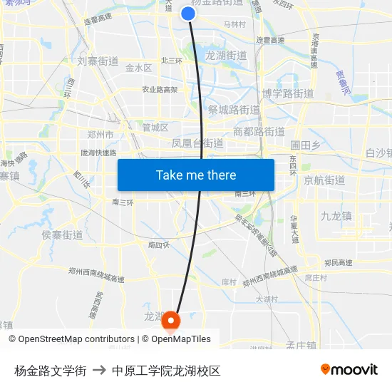杨金路文学街 to 中原工学院龙湖校区 map